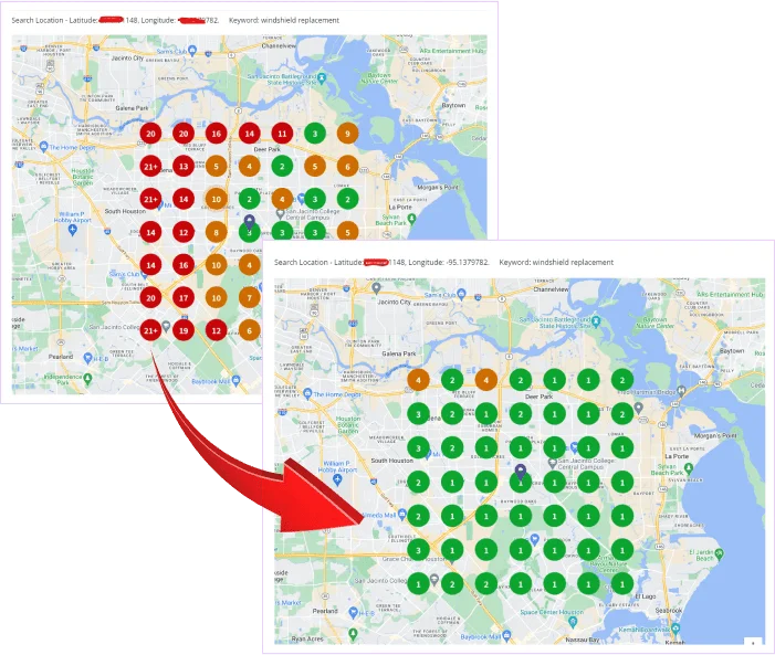Before & After Local Grid Image of Google Business Profile from #30 to #1 by Junaid Ayoub Local SEO Expert